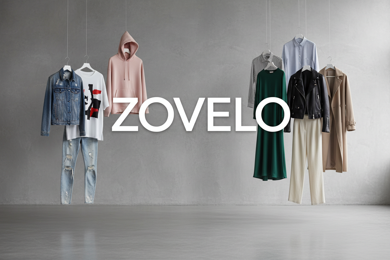 Zovelo brand surrounded by clothes